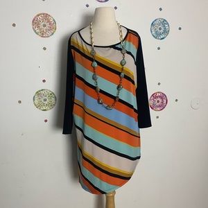 Susan Graver Striped Multicolor Boatneck Tunic with Black Sleeves